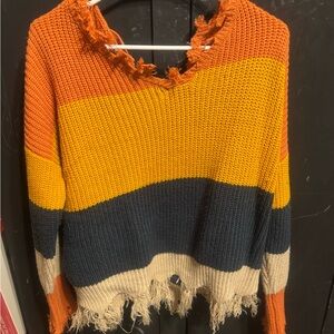 Rue21 V-Neck Sweater with Orange, Yellow, and Blue Stripes